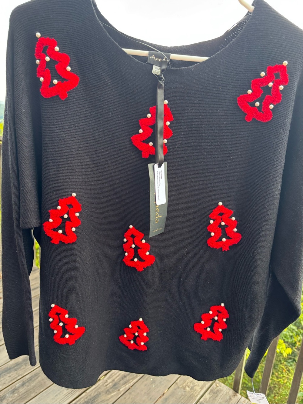 Aveda Black Crewneck Sweater with Red Embellished Tree Motifs